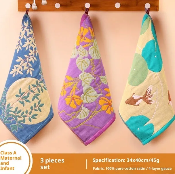 Set of pure cotton gauze children's hanging face towels with cartoon prints, 34cm x 40cm each