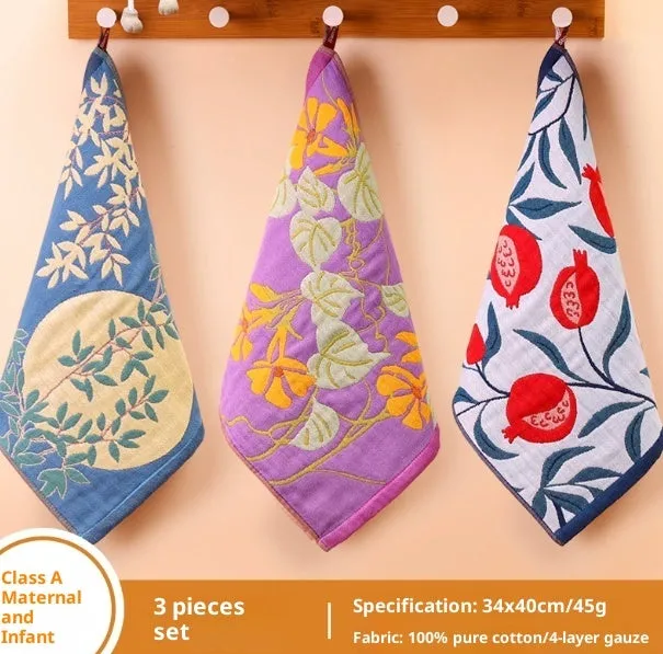 Set of pure cotton gauze children's hanging face towels with cartoon prints, 34cm x 40cm each
