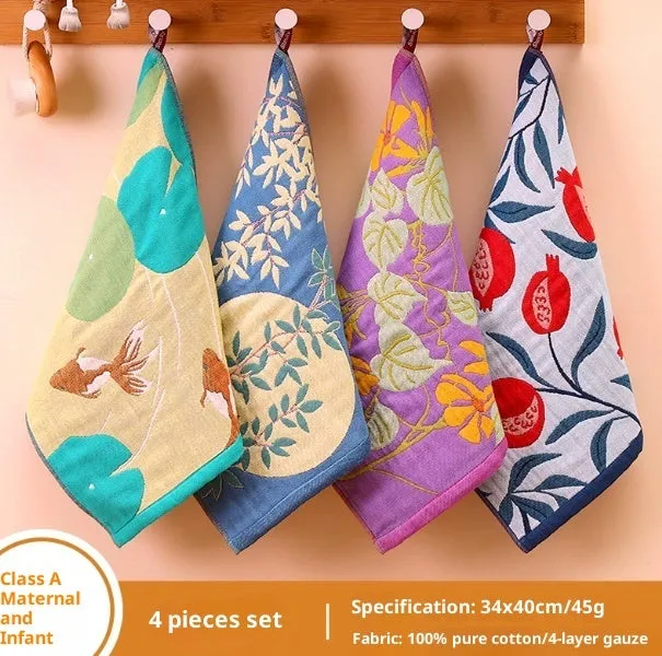 Set of pure cotton gauze children's hanging face towels with cartoon prints, 34cm x 40cm each