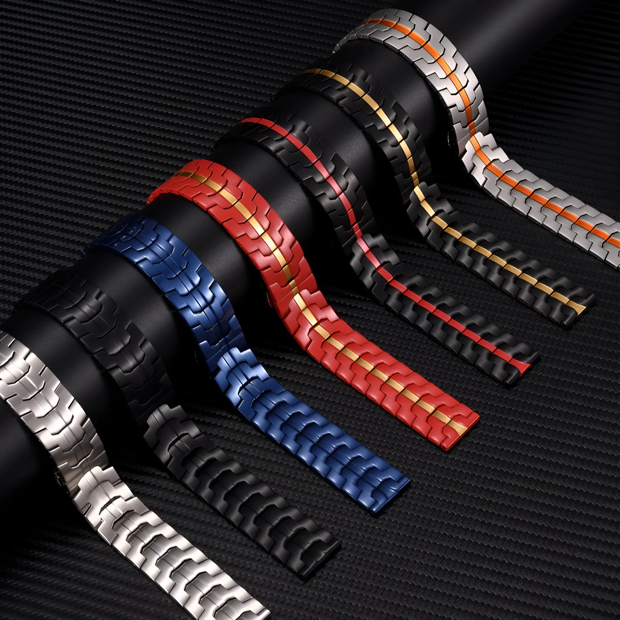 Stainless steel watch strap for Samsung Galaxy Watch in silver, black, titanium and other colours.