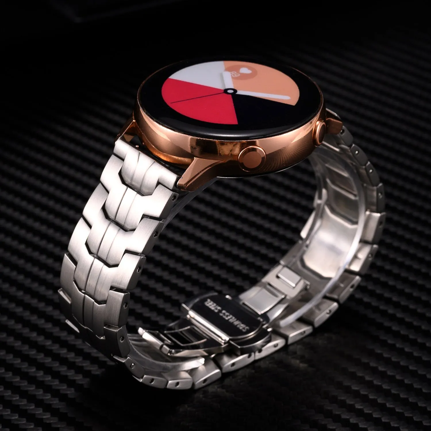 Stainless steel watch strap for Samsung Galaxy Watch in silver, black, titanium and other colours.