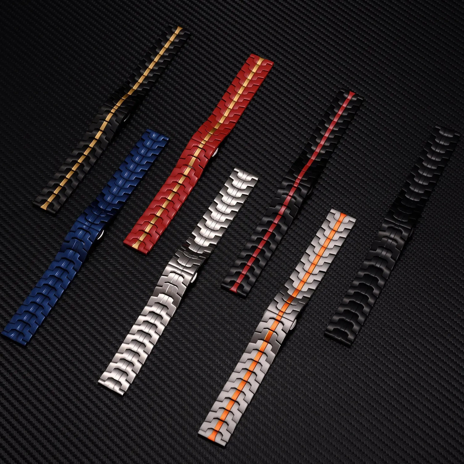 Stainless steel watch strap for Samsung Galaxy Watch in silver, black, titanium and other colours.