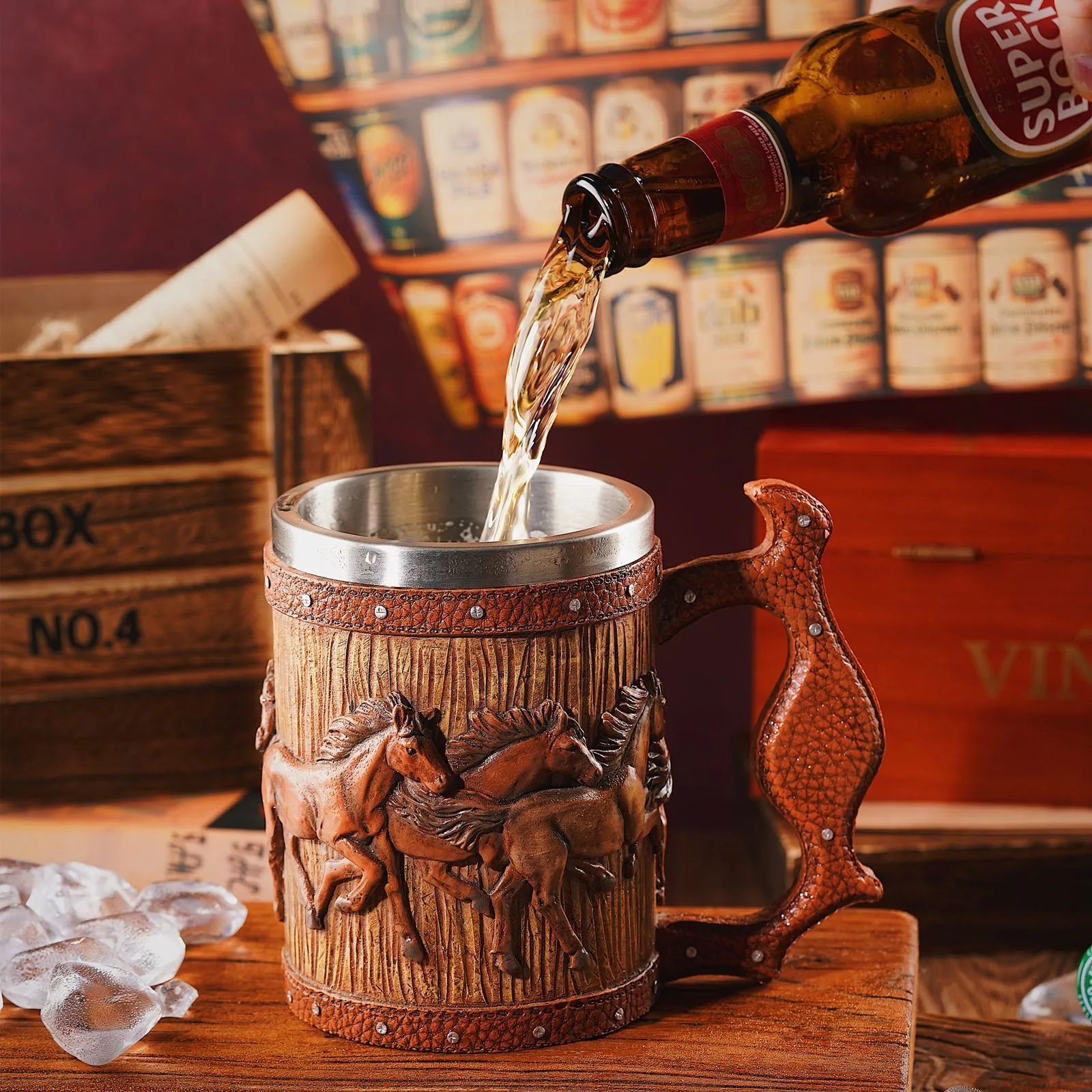 Brown simulation wooden barrel resin beer mug with horse design, 600ml capacity, on table