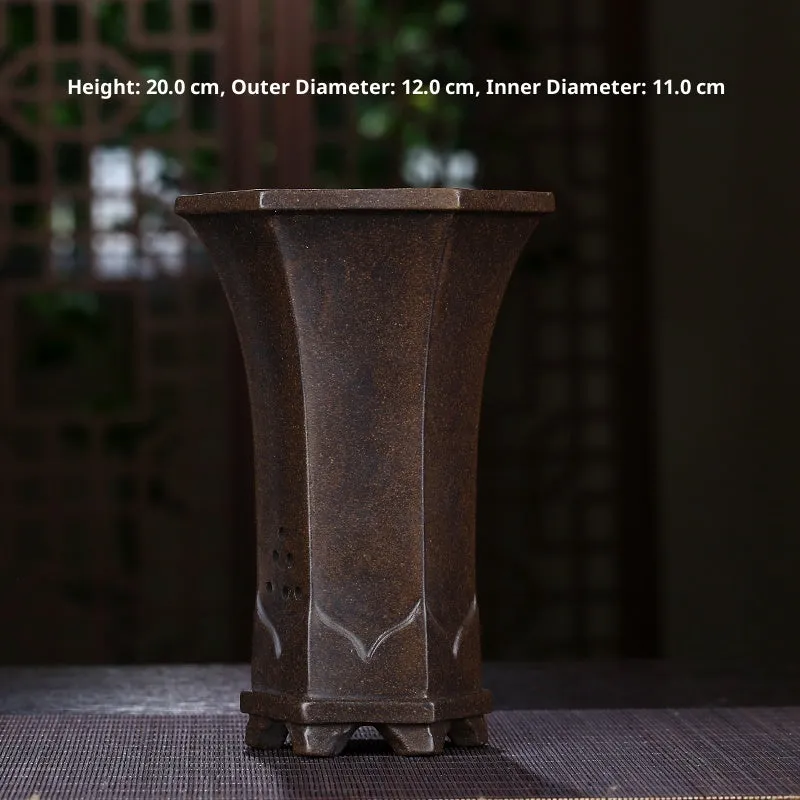 Purple sand ceramic orchid pot with pallet, classical style, 28mm size, multiple drainage holes, antique bronze finish