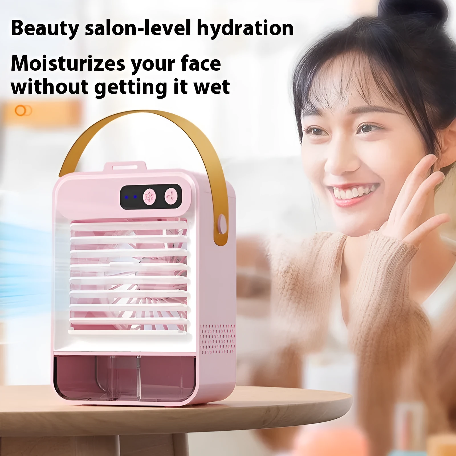 Dark green desktop air humidifier with USB port and control buttons measuring 19cm wide