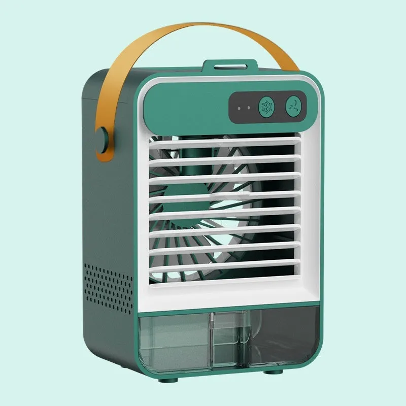 Dark green desktop air humidifier with USB port and control buttons measuring 19cm wide