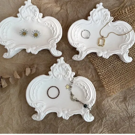 Vintage French relief gypsum jewellery display plate with sculptural plaster design and white matte finish