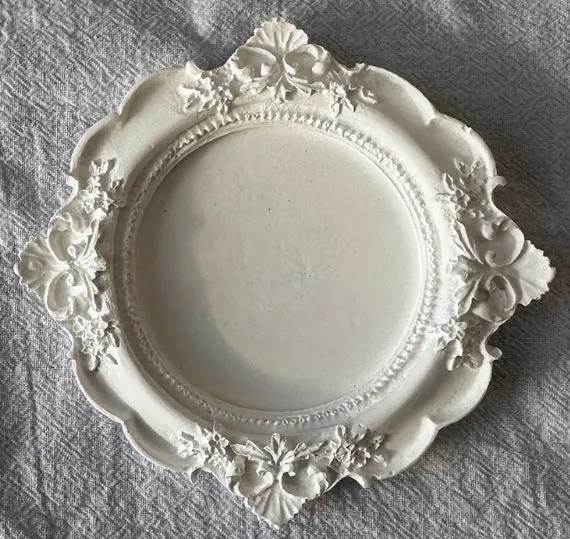 Vintage French relief gypsum jewellery display plate with sculptural plaster design and white matte finish