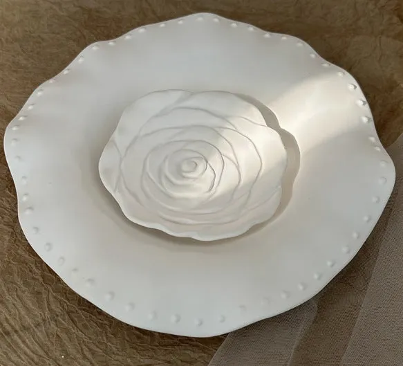 Vintage French relief gypsum jewellery display plate with sculptural plaster design and white matte finish