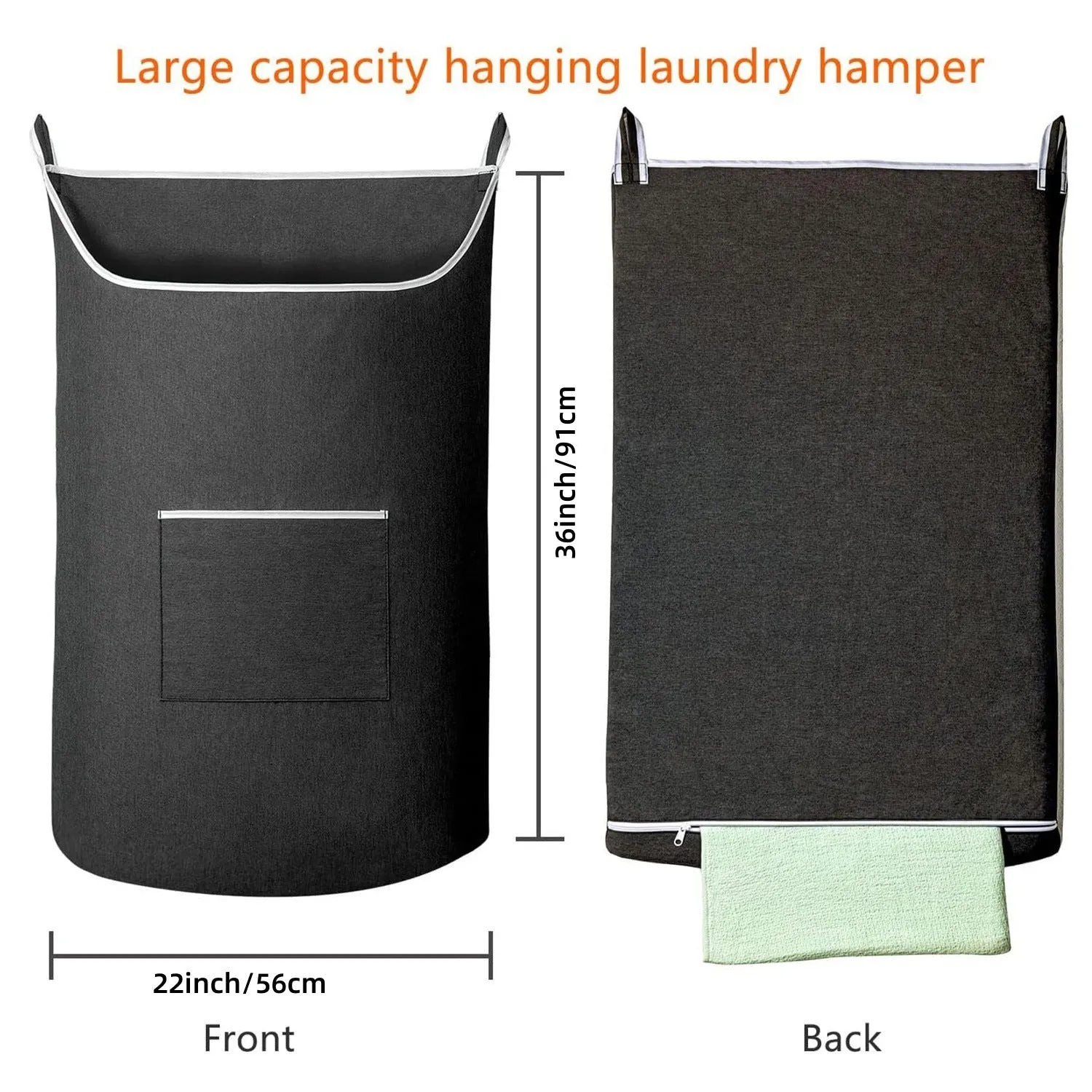 Large hanging laundry bag polyester black or gray behind door storage for dirty clothes with hook