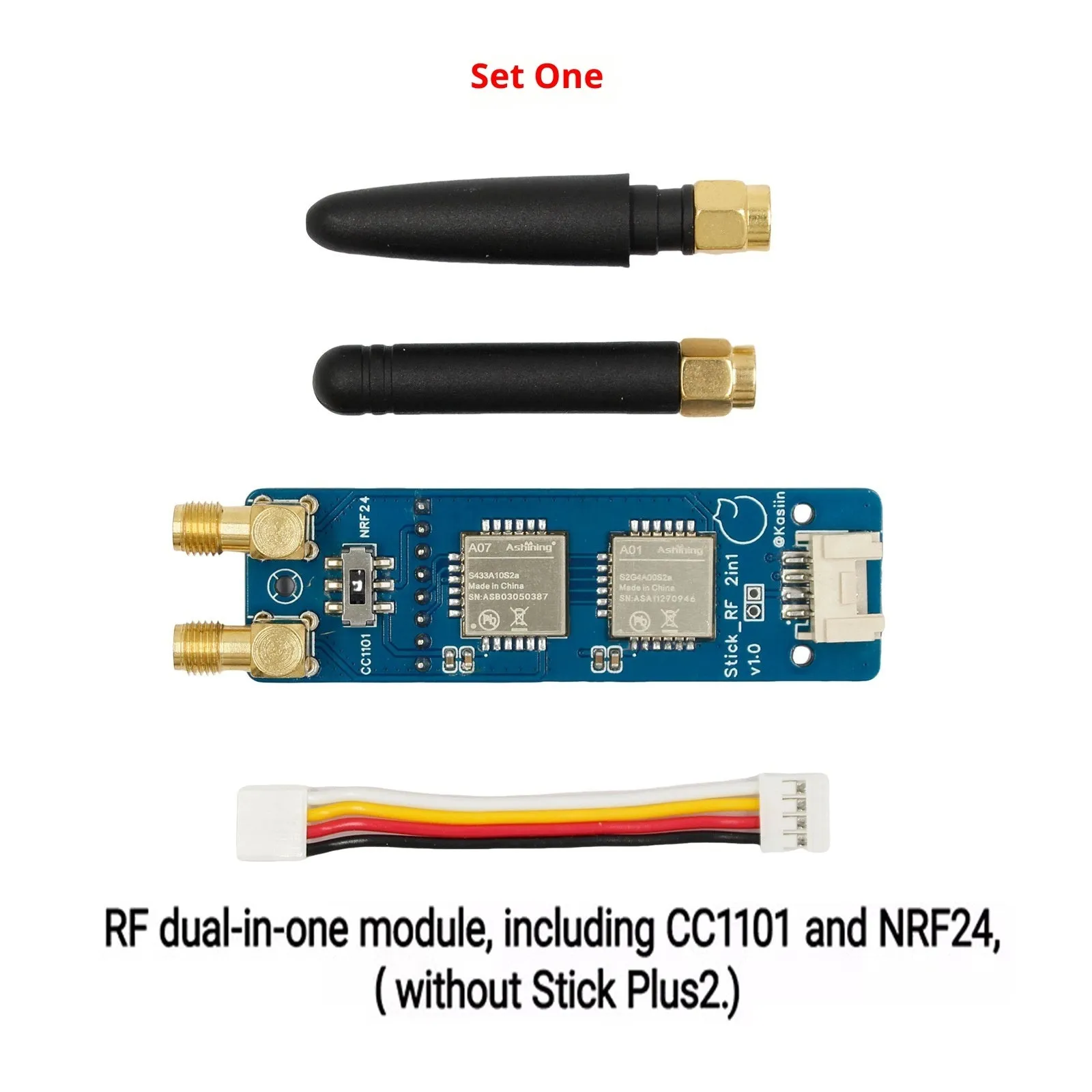 M5StickC PLUS2 ESP32 module with dual antennas and groove connection cable on table