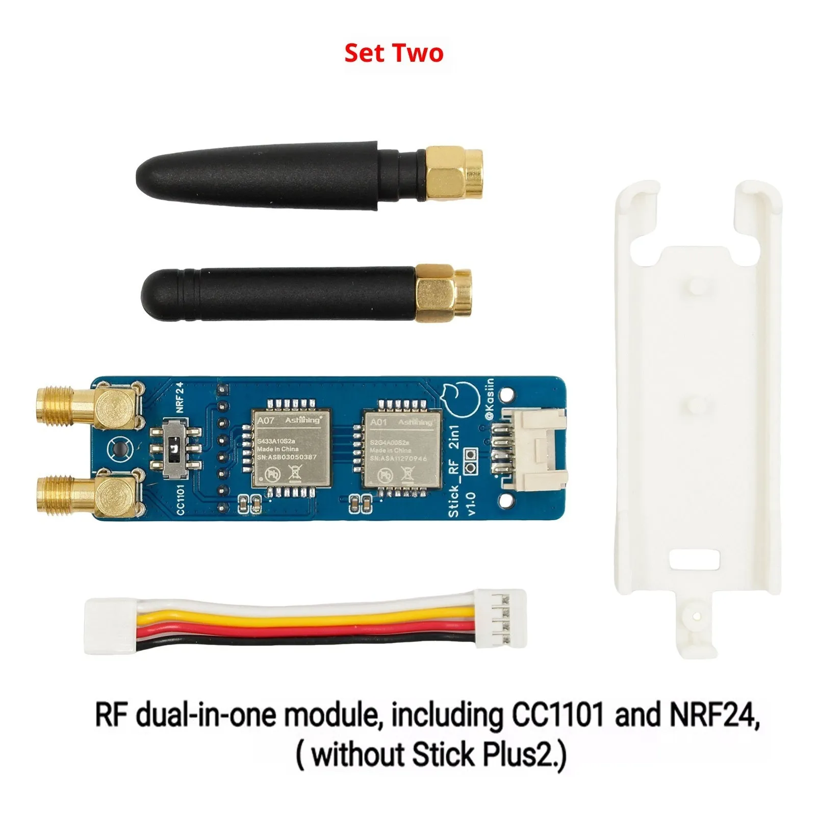 M5StickC PLUS2 ESP32 module with dual antennas and groove connection cable on table