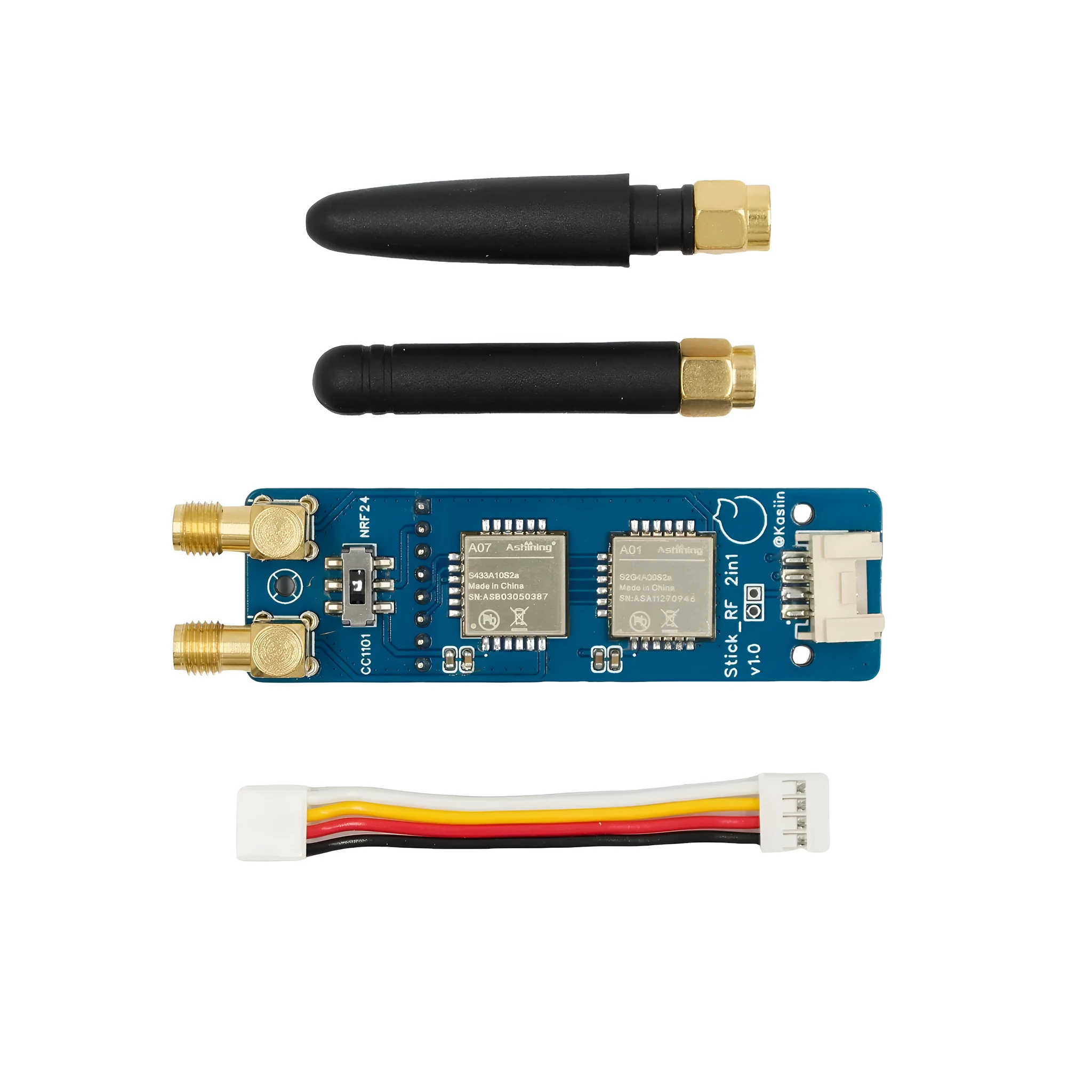 M5StickC PLUS2 ESP32 module with dual antennas and groove connection cable on table
