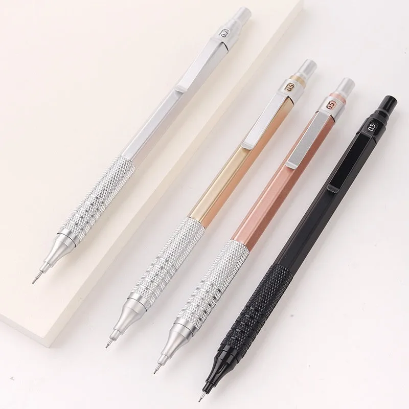 Low centre of gravity metal propelling pencil in silver finish with alloy body and visible lead tip