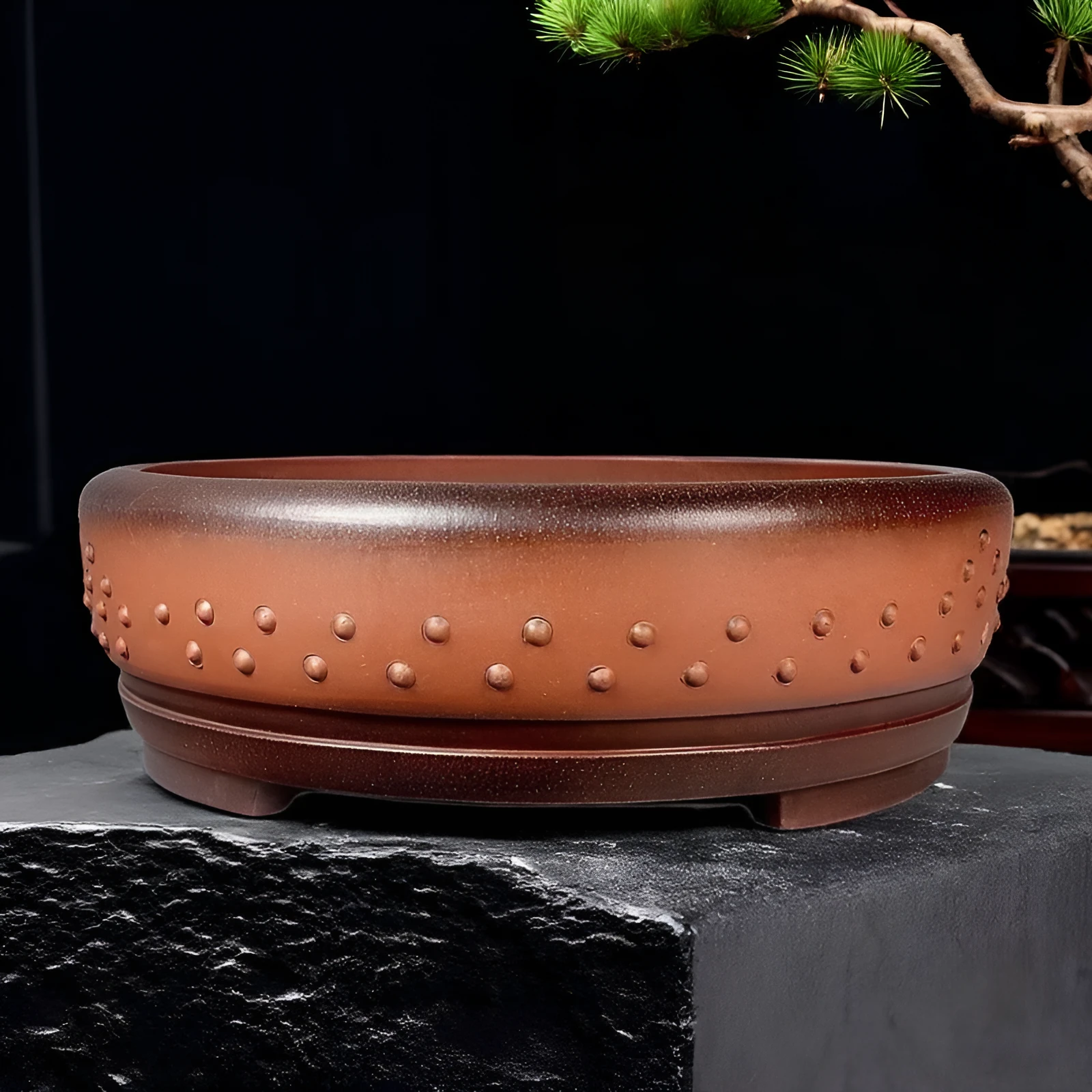 Handmade antique drum round ceramic flowerpot in purple sand colour, 60x19cm, with red mud pine cypress old pile styling
