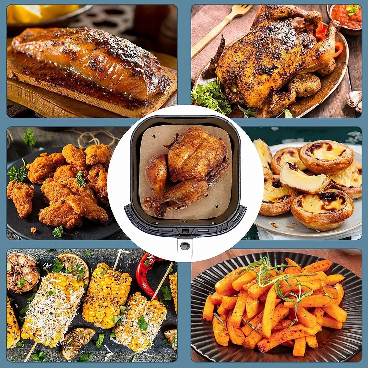 Stack of oiled paper square baking sheets with holes for air fryer use natural colour 20cm