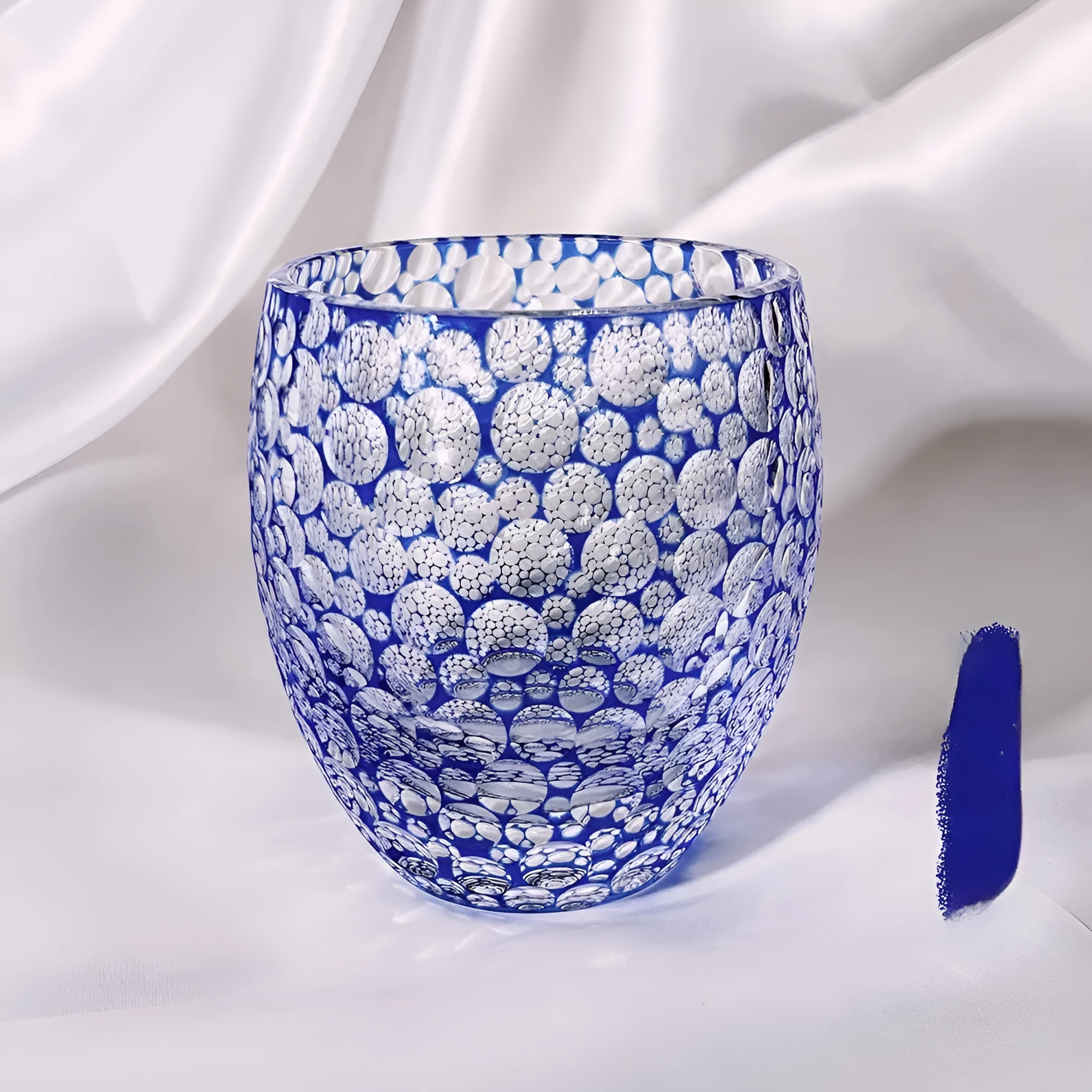 Sapphire blue hand carved crystal glass wine cup with Jianghu cut bubble pattern and 201-300ml capacity