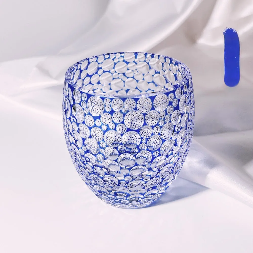 Sapphire blue hand carved crystal glass wine cup with Jianghu cut bubble pattern and 201-300ml capacity