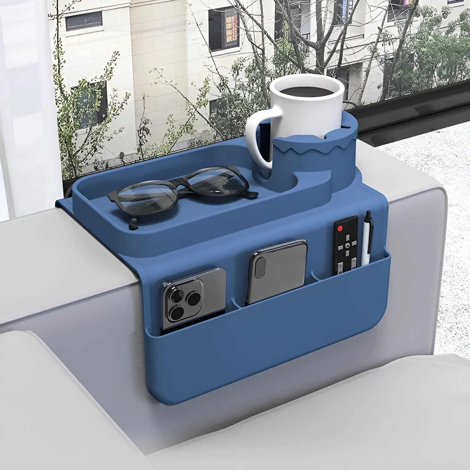 Modern irregular silicone coaster in solid colour on a wooden table surface