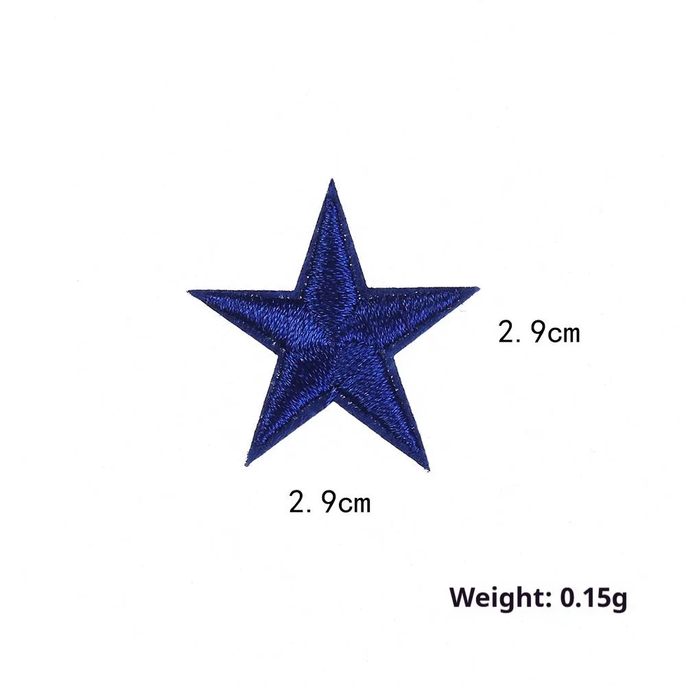 Colourful five-pointed star cloth embroidery stickers for DIY clothing decoration on a fabric background.