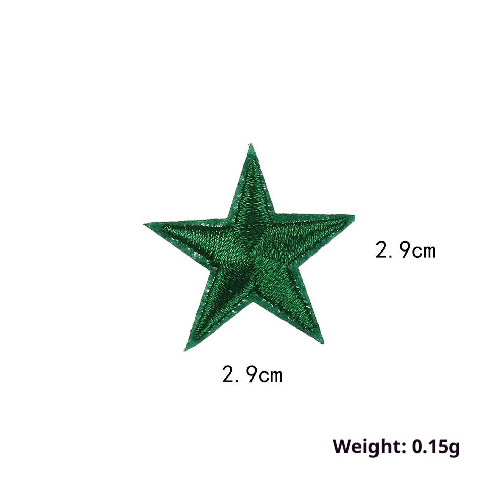 Colourful five-pointed star cloth embroidery stickers for DIY clothing decoration on a fabric background.