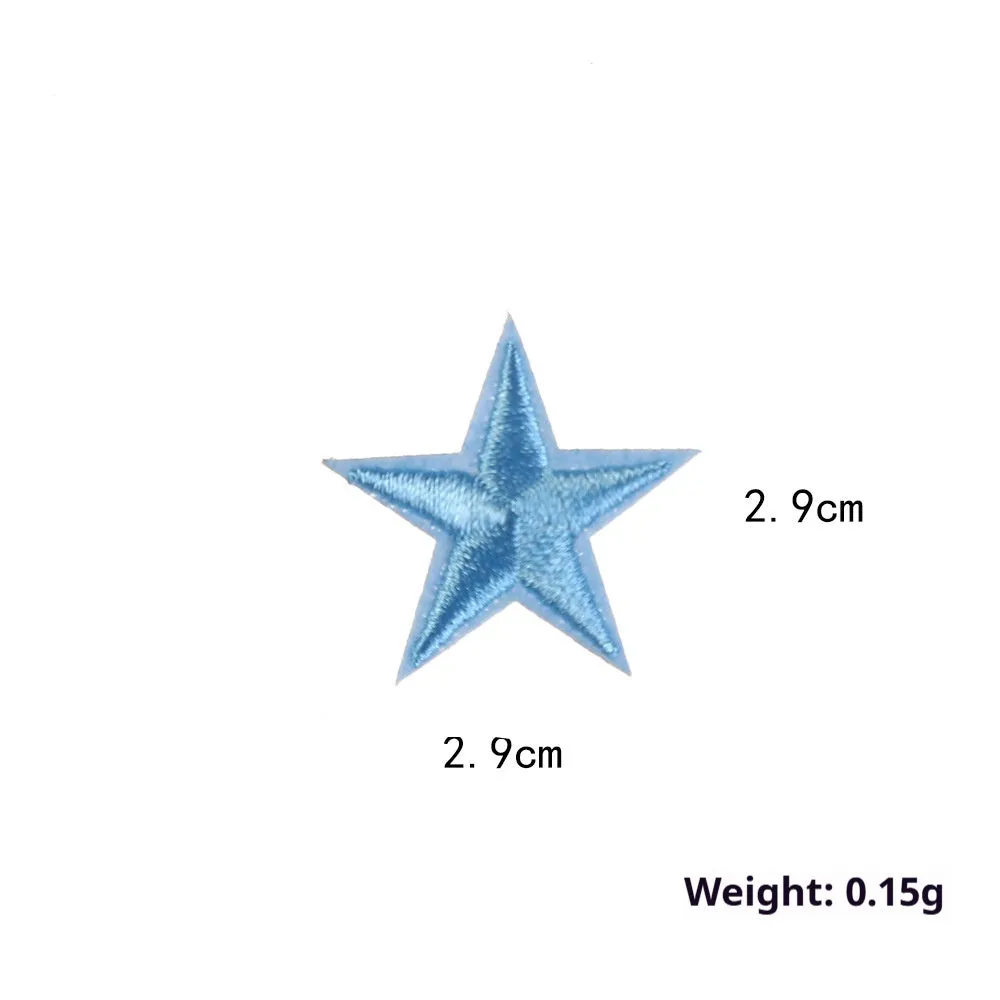Colourful five-pointed star cloth embroidery stickers for DIY clothing decoration on a fabric background.