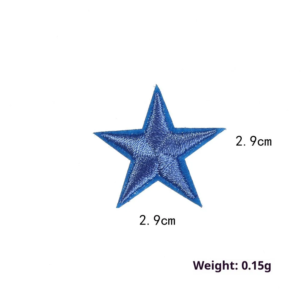 Colourful five-pointed star cloth embroidery stickers for DIY clothing decoration on a fabric background.