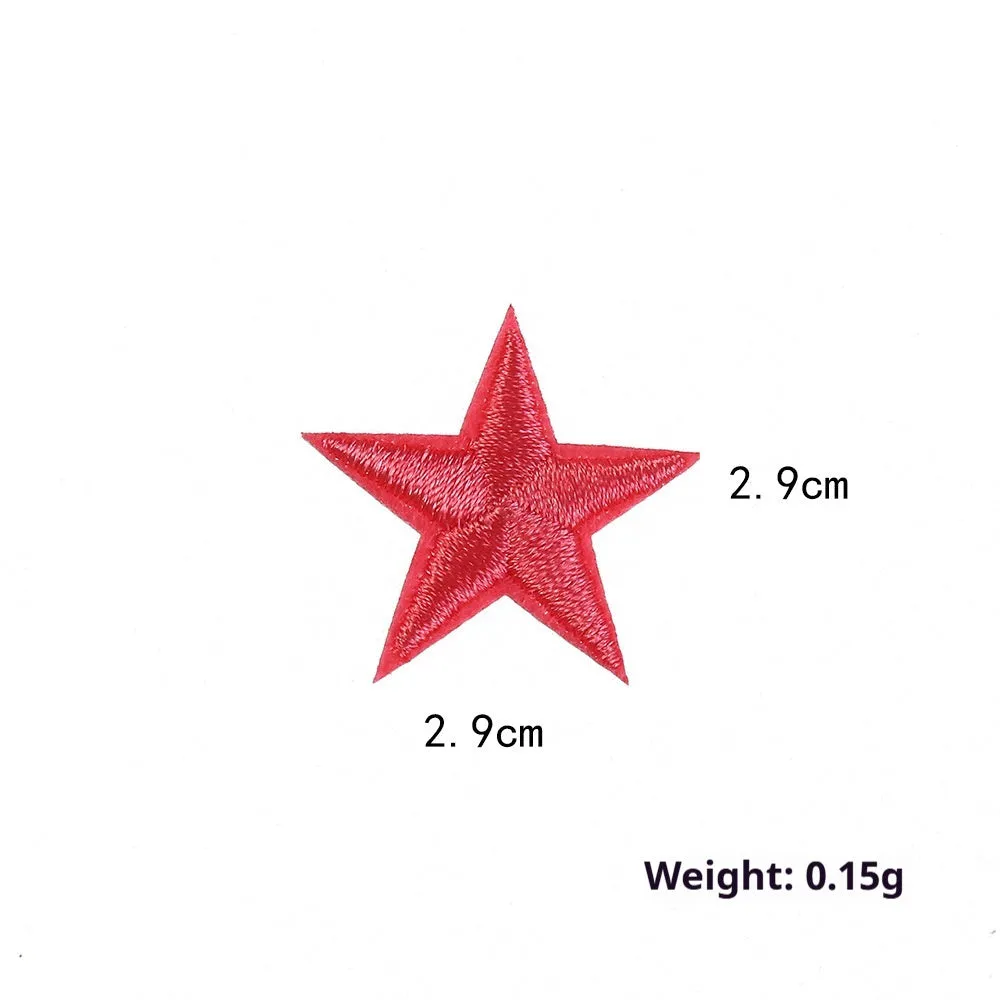 Colourful five-pointed star cloth embroidery stickers for DIY clothing decoration on a fabric background.