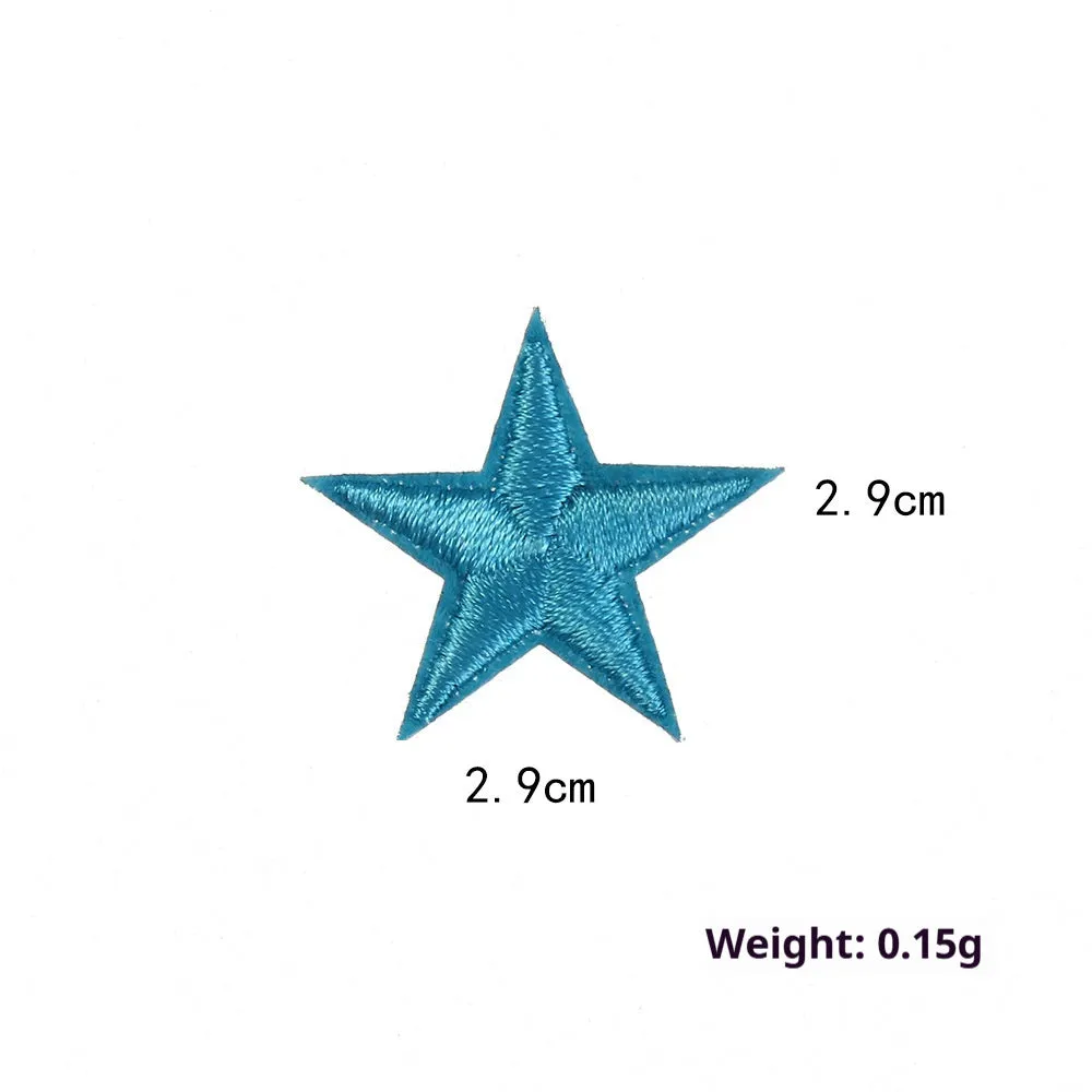 Colourful five-pointed star cloth embroidery stickers for DIY clothing decoration on a fabric background.