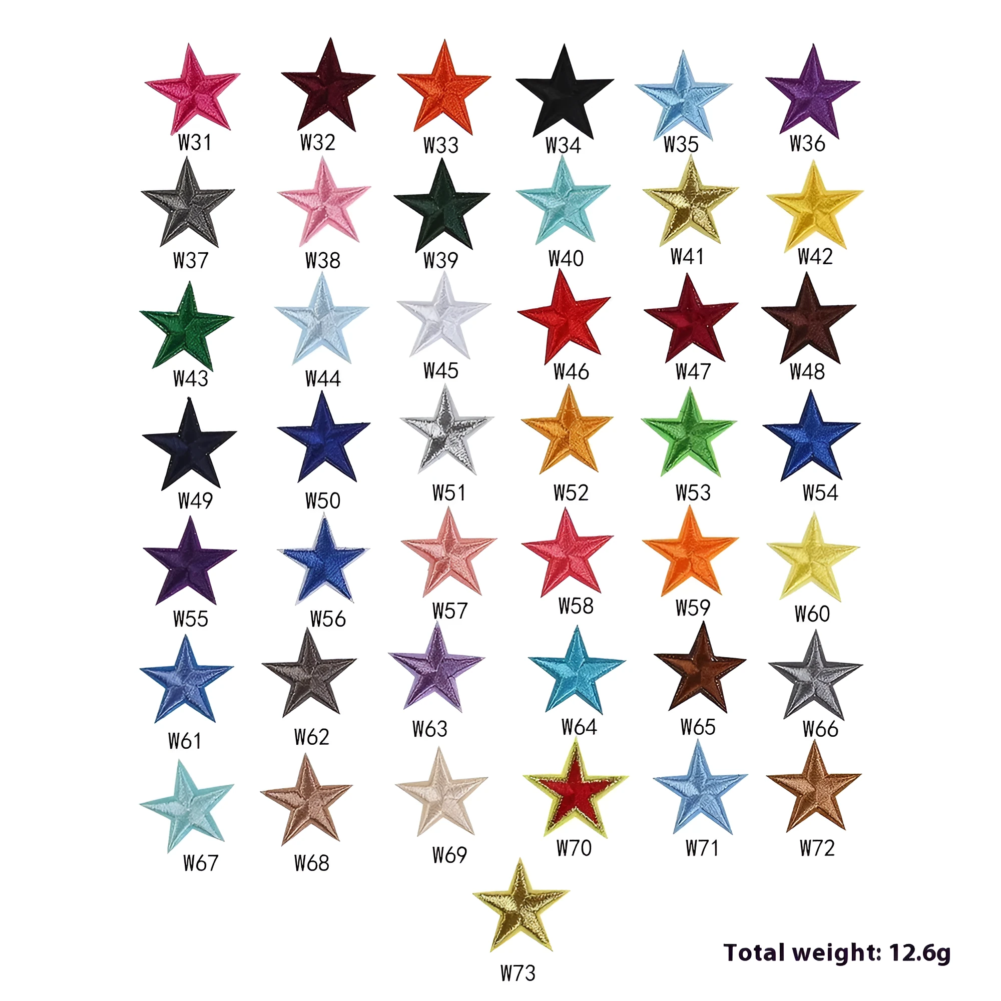 Colourful five-pointed star cloth embroidery stickers for DIY clothing decoration on a fabric background.