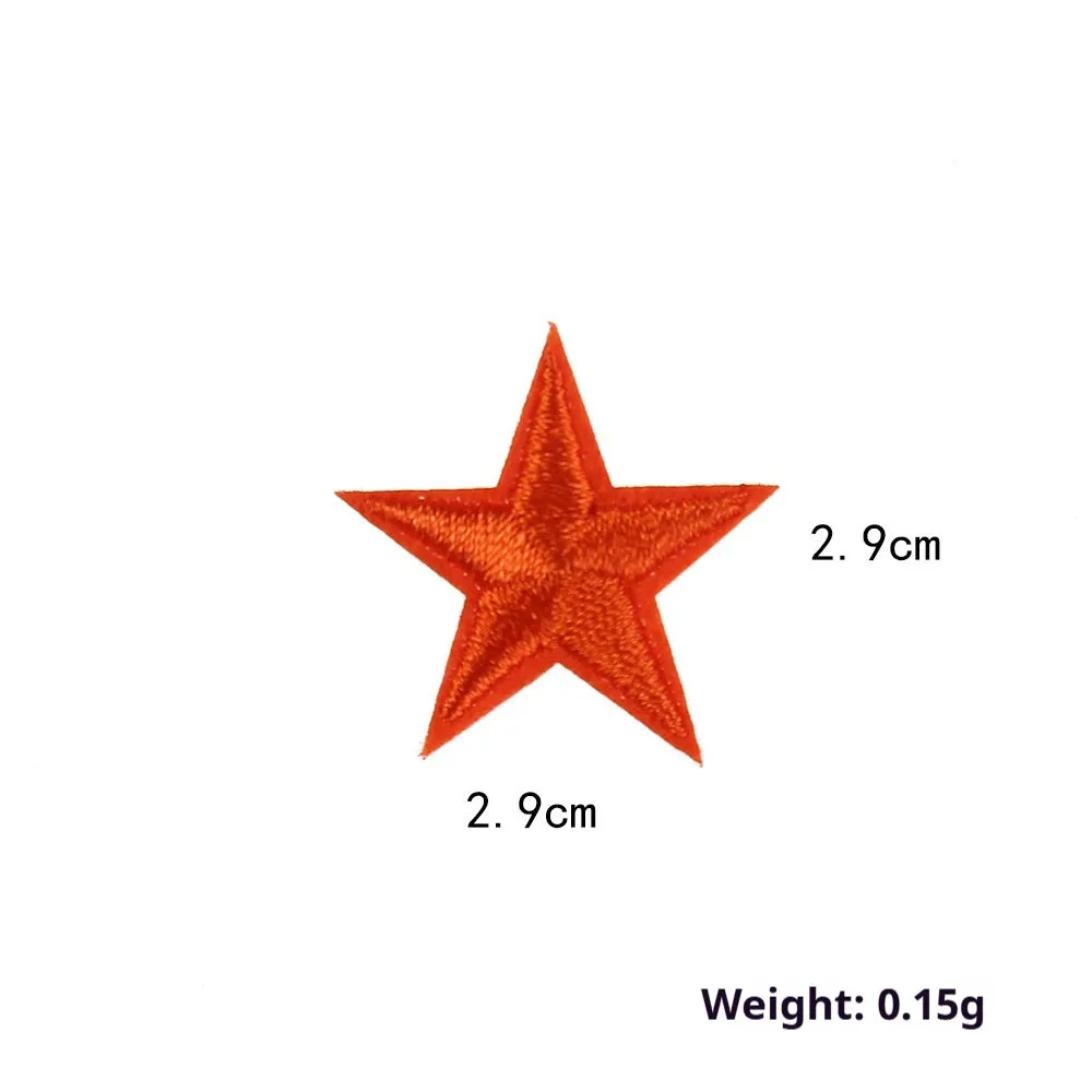Colourful five-pointed star cloth embroidery stickers for DIY clothing decoration on a fabric background.