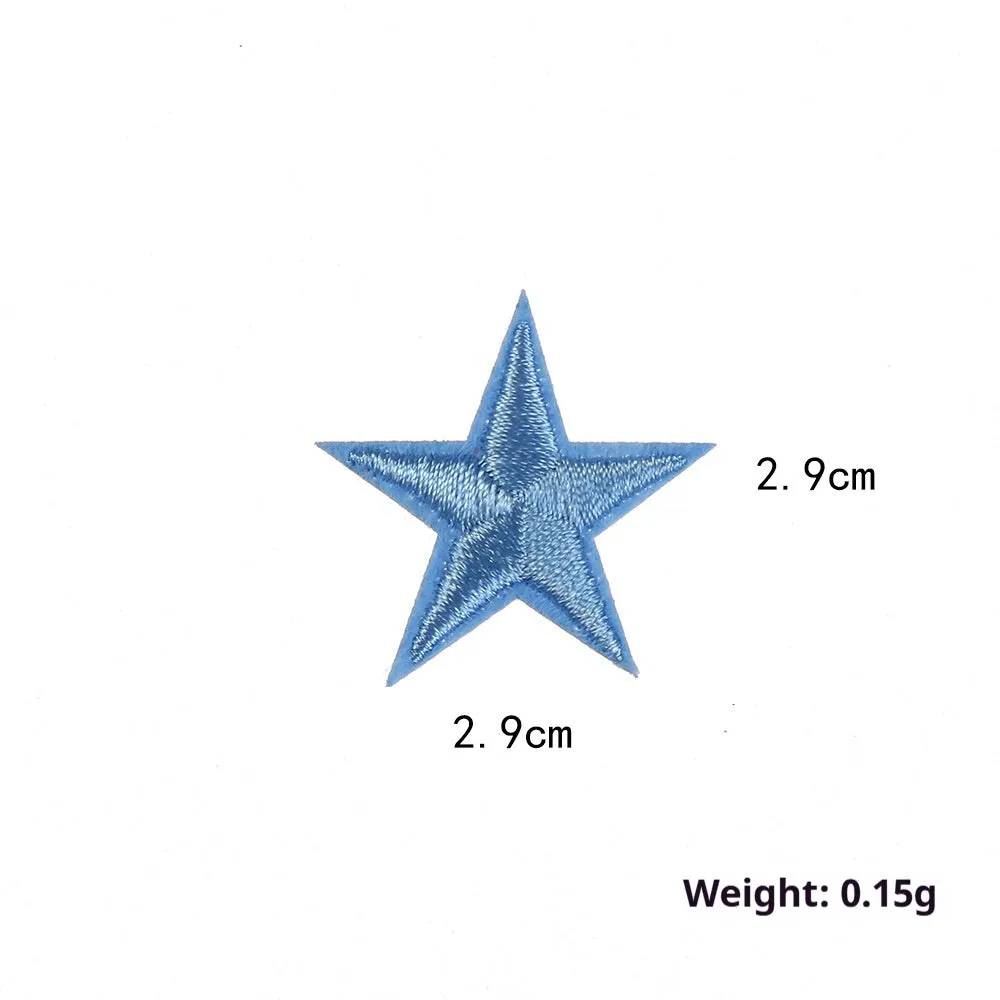 Colourful five-pointed star cloth embroidery stickers for DIY clothing decoration on a fabric background.