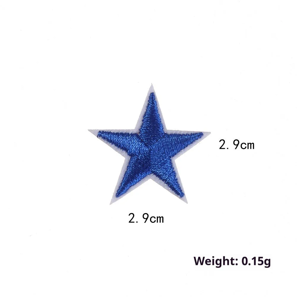 Colourful five-pointed star cloth embroidery stickers for DIY clothing decoration on a fabric background.