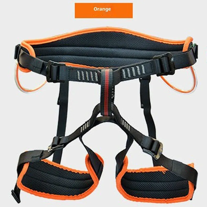 Outdoor mountaineering half seat belt in orange with adjustable waist and leg straps