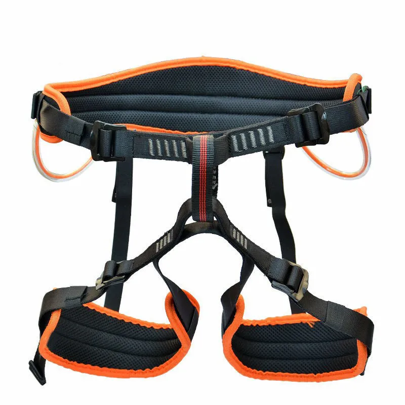 Outdoor mountaineering half seat belt in orange with adjustable waist and leg straps