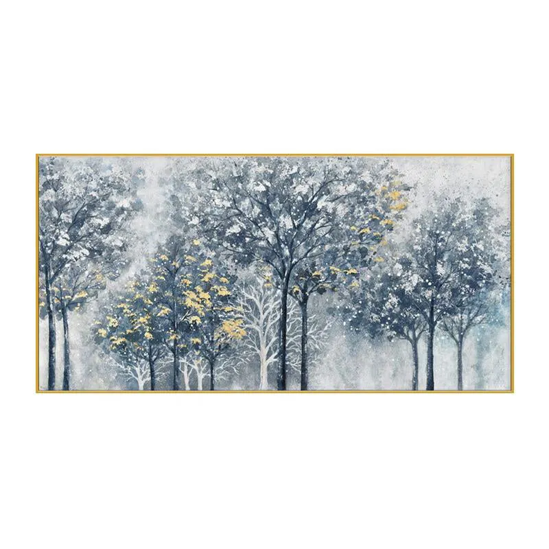 Handmade abstract silver-gray blue golden forest tree texture oil painting on canvas horizontal