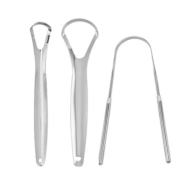 Stainless steel tongue coating cleaner set with two U-shaped scrapers in pearlescent bags