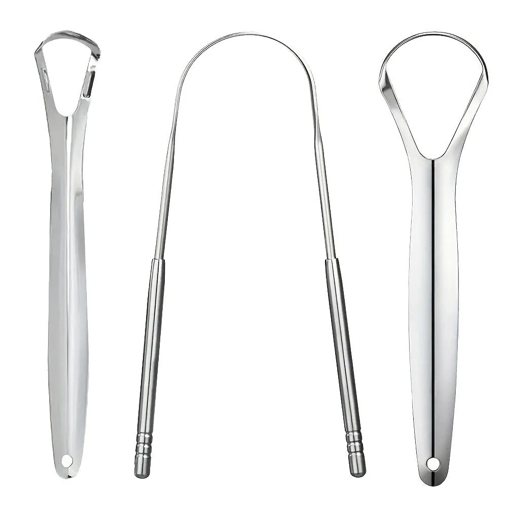 Stainless steel tongue coating cleaner set with two U-shaped scrapers in pearlescent bags