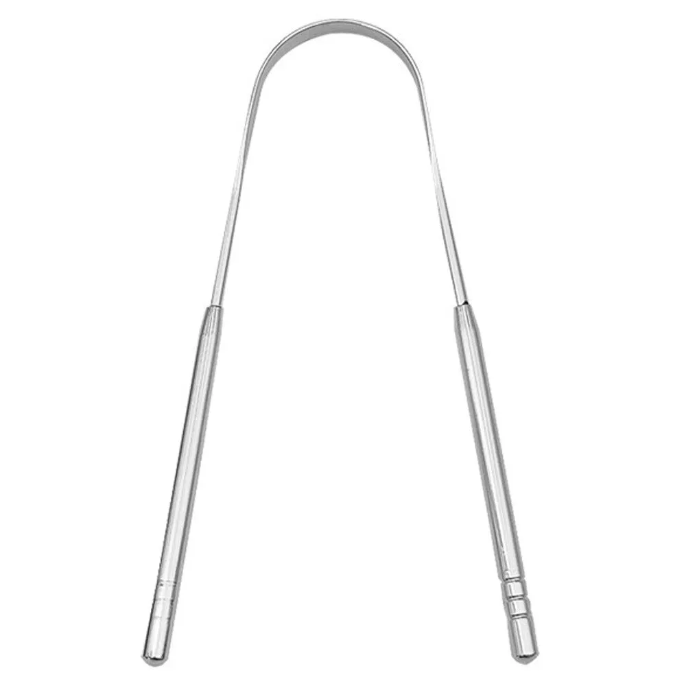 Stainless steel tongue coating cleaner set with two U-shaped scrapers in pearlescent bags