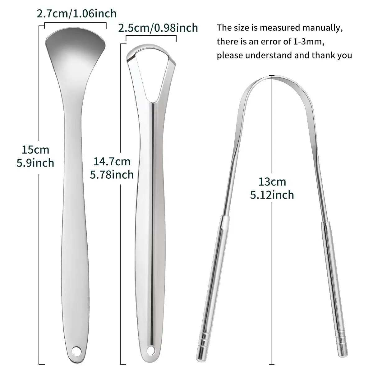 Stainless steel tongue coating cleaner set with two U-shaped scrapers in pearlescent bags