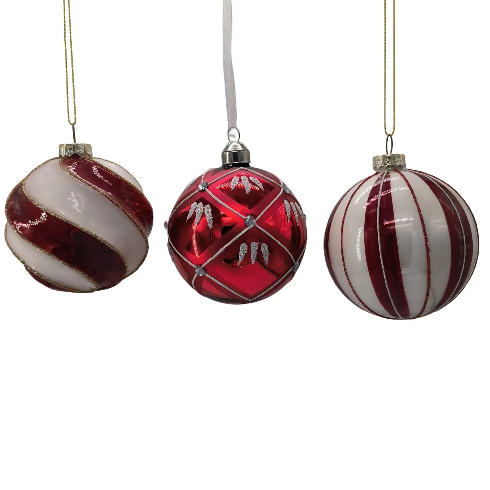 Colourful glass ball hanging ornament on a string against a white background
