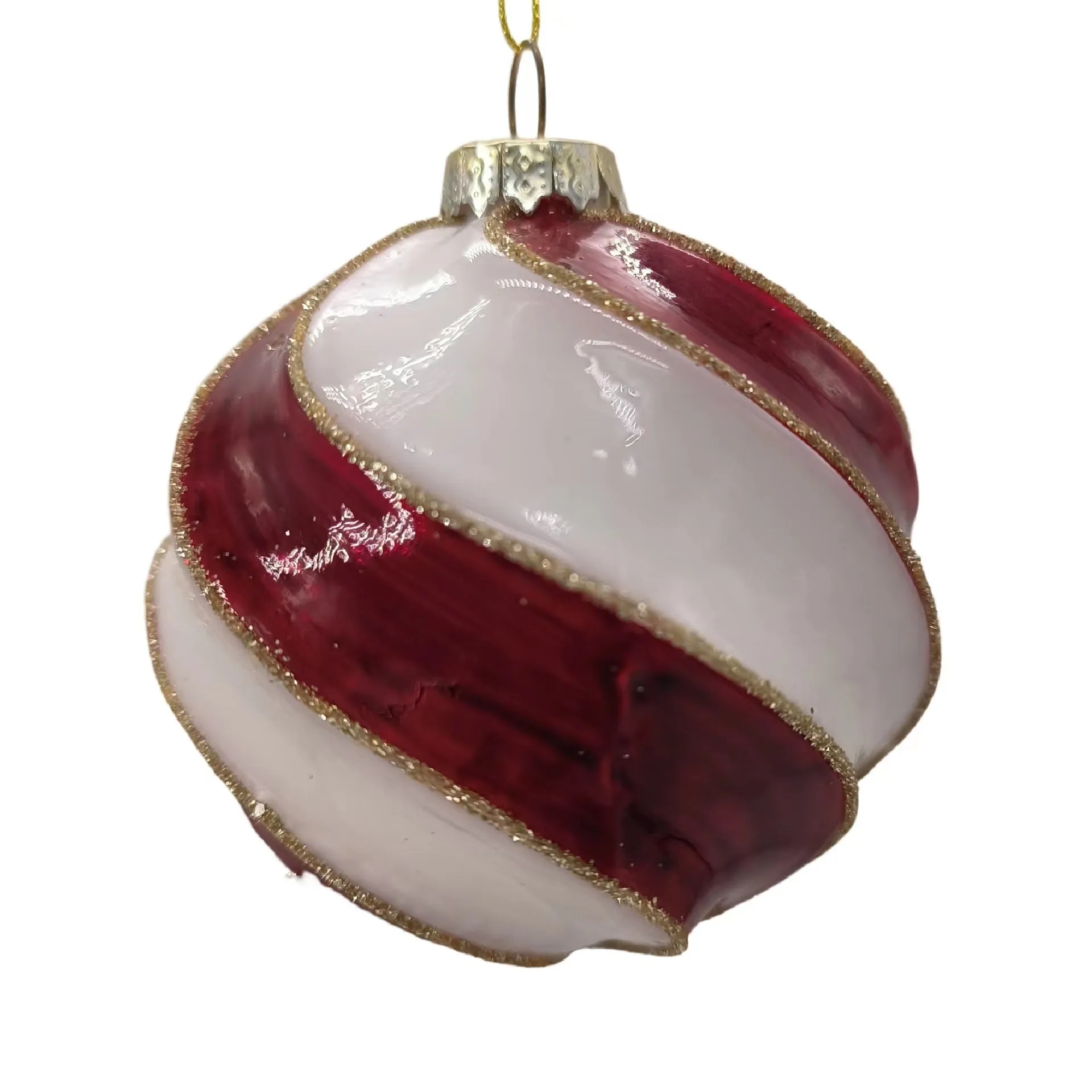 Colourful glass ball hanging ornament on a string against a white background