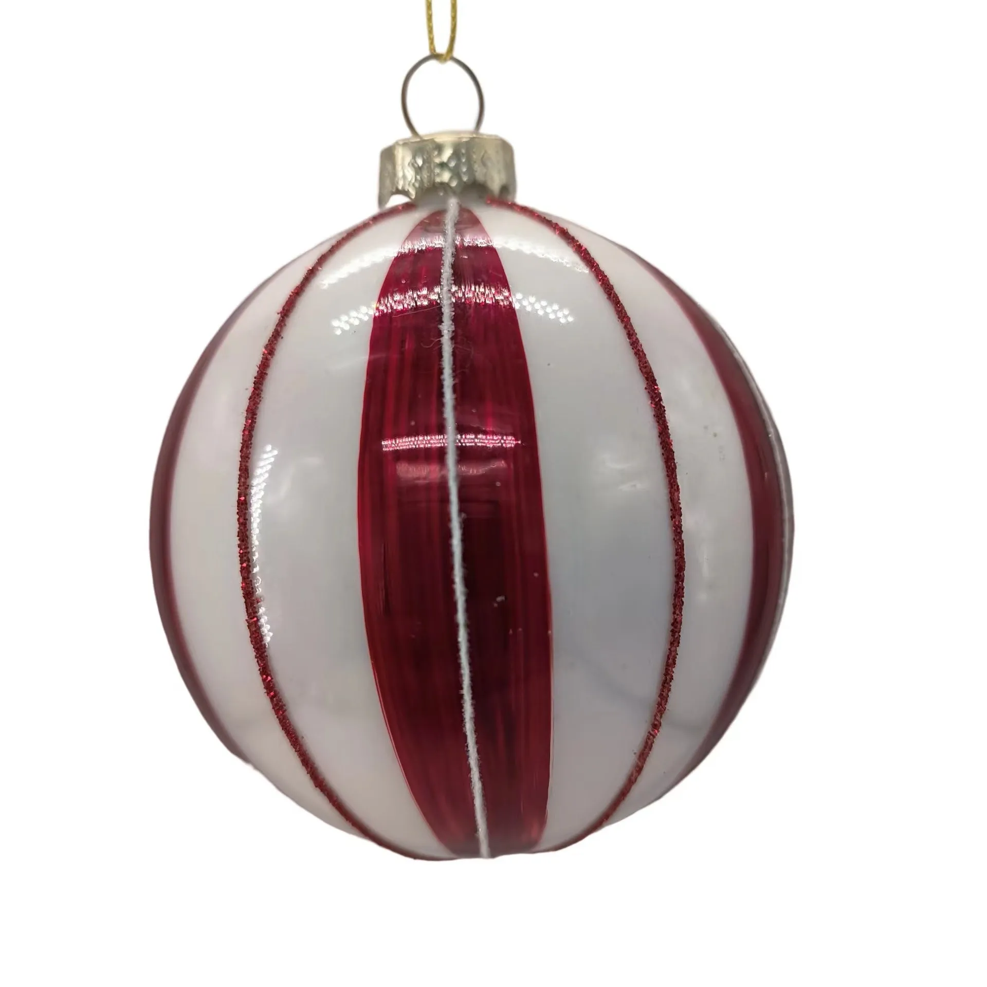 Colourful glass ball hanging ornament on a string against a white background