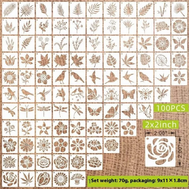 100 pieces of 2-inch milky white PET film spray painting templates showing floral, animal, and letter designs