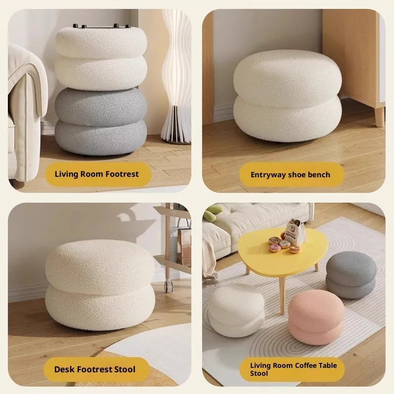 Small cream style round stool with skin-friendly lamb high elastic sponge fill in a living room
