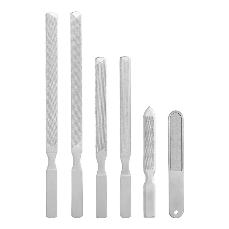 Gray stainless steel nail sanding bar with coarse sand surface for manicure and pedicure
