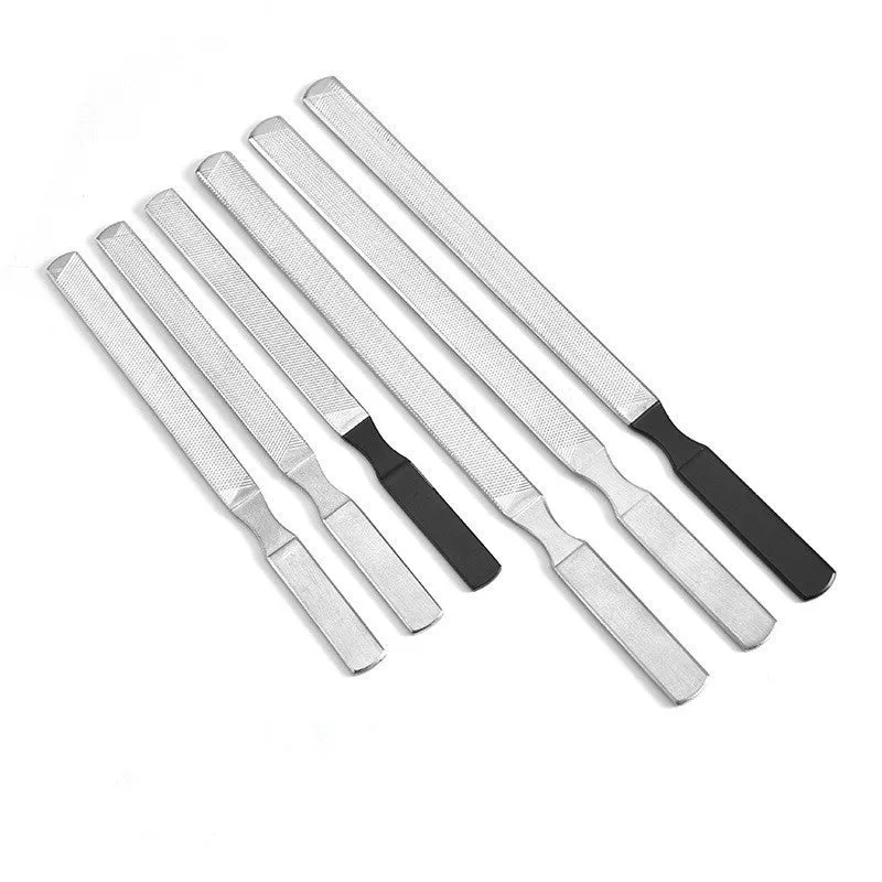 Gray stainless steel nail sanding bar with coarse sand surface for manicure and pedicure