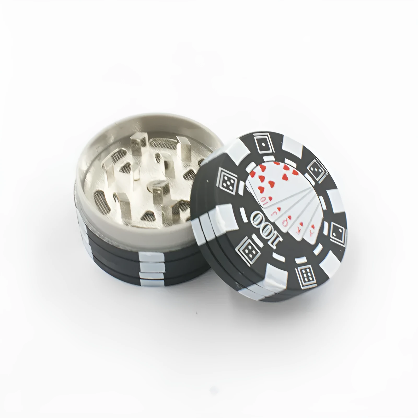 Small chip shape manual grinder with keychain and bottle opener, 4.2 x 2.6cm, available in black, red, green