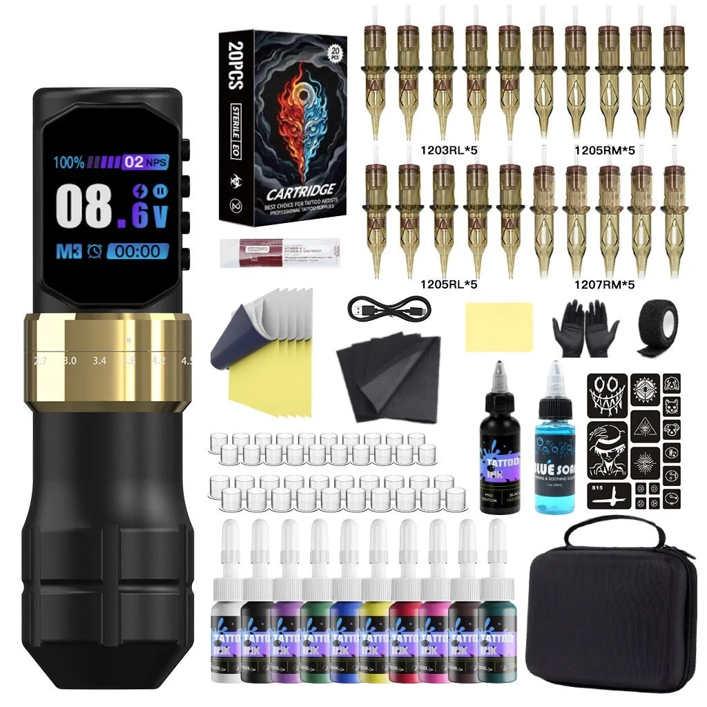 Adjustable stroke battery pen tattoo set with aluminium alloy wireless machine, 2000mAh battery, and accessories in a zipper box