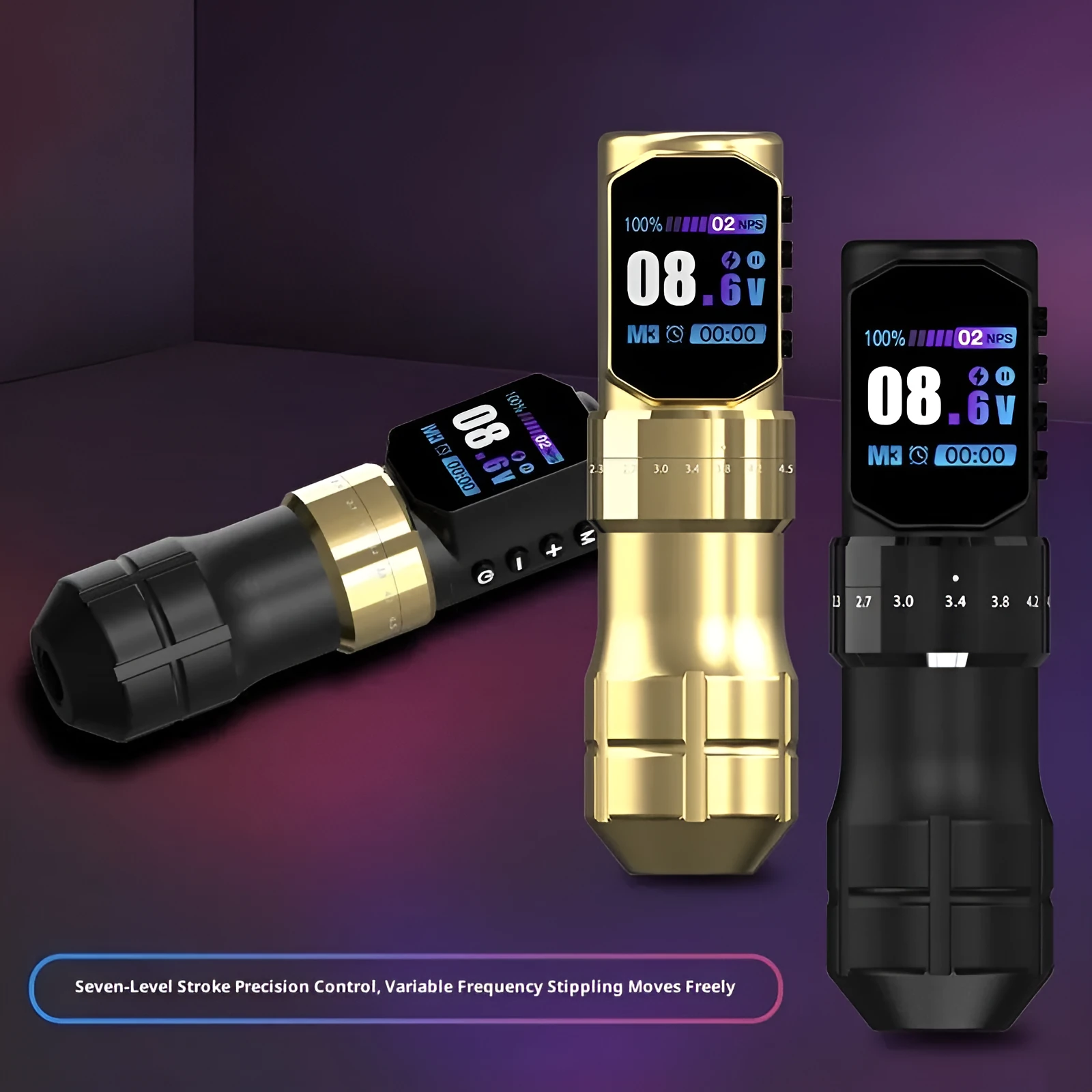 Adjustable stroke battery pen tattoo set with aluminium alloy wireless machine, 2000mAh battery, and accessories in a zipper box